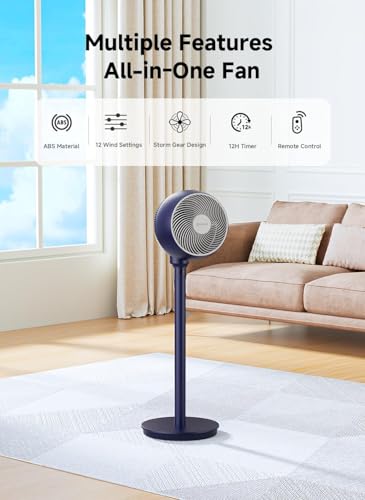 Standing Pedestal Fan with Remote, 12 Speeds, Quiet DC Motor, 9-Inch Blade, Adjustable Height