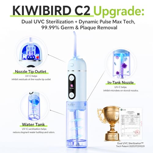 KIWIBIRD C2 Cordless Water Flosser Pink with UV-C Clean, 4 Modes & Nozzles