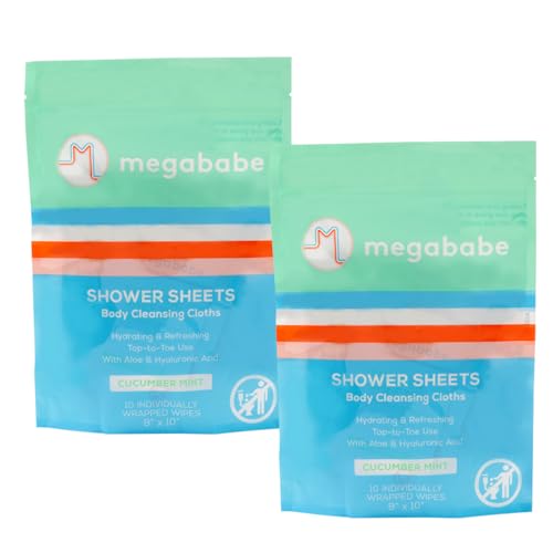 Megababe Cucumber Mint Shower Sheets - 10 Individually Wrapped Body Cleansing Cloths (Pack of 2)