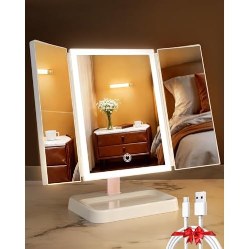 Vanity Mirror with Lights, Makeup Mirror 1X, 2X, 3X Magnification, Trifold 9" L x 14" W, Large Vanity Desk Mirror£¬Valentine¡®s Gift for Wife, Mom, Her - Gift for Girlfriend, Women & Teens
