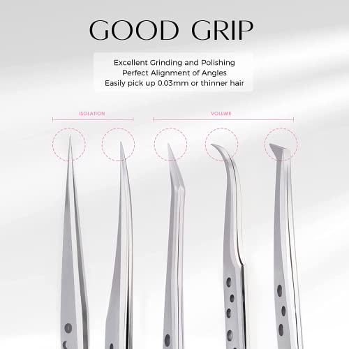 Lash Tweezers for Eyelash Extensions, Lankiz Eyelash Tweezers for Lash Extensions Stainless Steel Straight and Curved Volume Lash Tweezers Set Kit £¨5PCS-SilverH£©