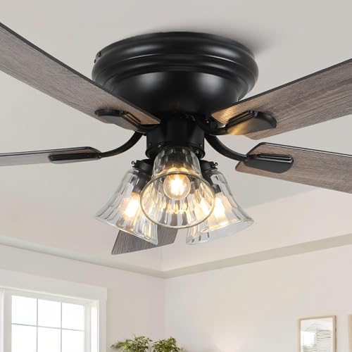 Vintage 52 Inch Flush Mount Ceiling Fan with Lights & Remote - Farmhouse Rustic Style