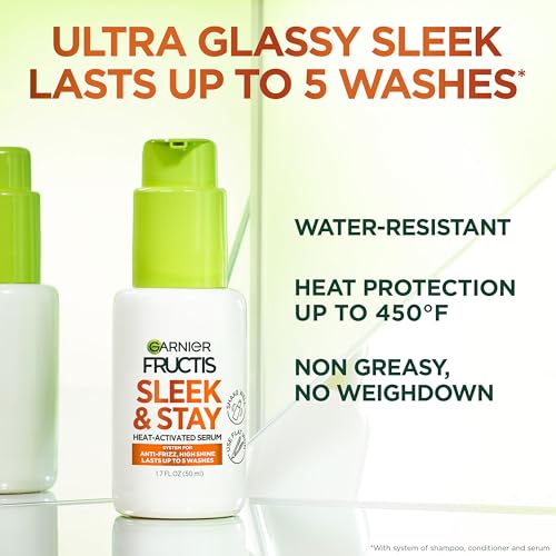 Garnier Fructis Sleek and Shine Sleek and Stay Hair Serum for Frizzy, Dry Hair, Heat Protectant Formulated with Alpha Silane, 1.7 Fl Oz(Packaging May Vary)