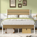 Full Size Metal Bed Frame with Wood Headboard - Natural & White, Heavy-Duty Platform