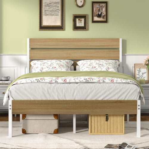 Full Size Metal Bed Frame with Wood Headboard - Natural & White, Heavy-Duty Platform