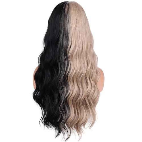 Half Black and Blonde Long Wavy Curly Wig for Women with Bangs - Synthetic Hair, Adjustable Cap