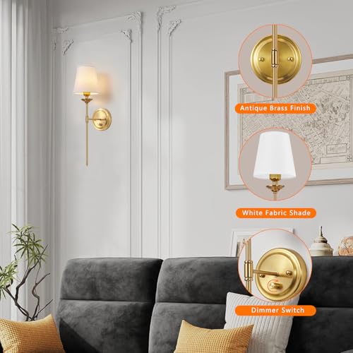 Gold Plug-In or Hardwired Wall Sconce Set of 2 - Dimmable Mid Century Modern Bedside Lighting with Knob Switch and 6.5FT Cord