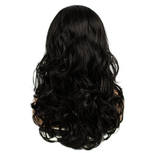 MEDISIFA Natural Black Wavy Wig with Bangs & Rose Clip (Dark) – 290g, Heat-Resistant Synthetic