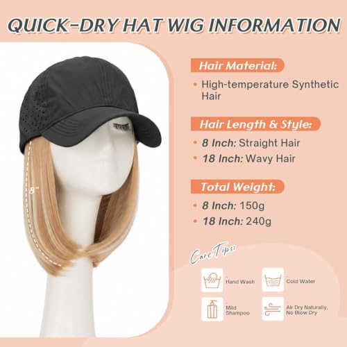 Benehair Quick Dry Baseball Cap Wig with Short Light Blonde Bleach Mix Hair, Black Adjustable Hat