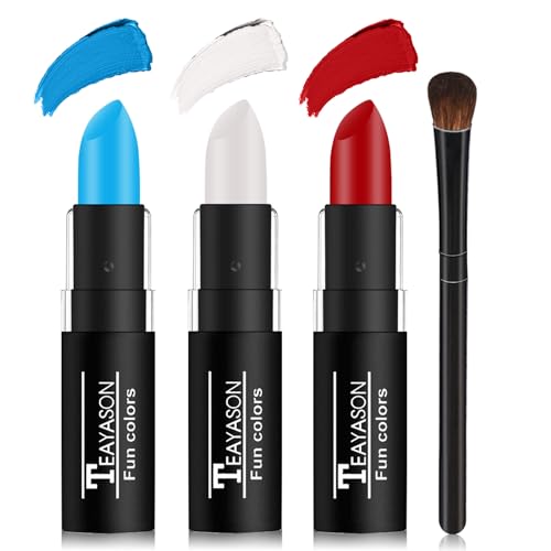 DAMUSI Blue Red White Face Paint Sticks Professional Eye Black Football Baseball Softball,Convenient Design Halloween Face Paint Makeup for Adults and Kids£¨Blue/White/Red Body Paint Sticks£©