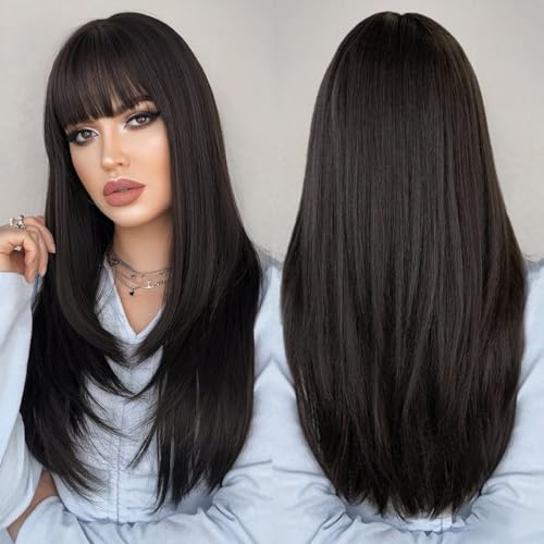 24 Inch Natural Black Layered Wig with Bangs for Women - Model 1B