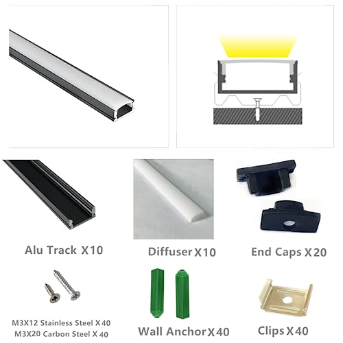 Black LED Strip U Channel Diffuser 10-Pack 6.56FT Aluminum Track for Cabinet Stairs Wall