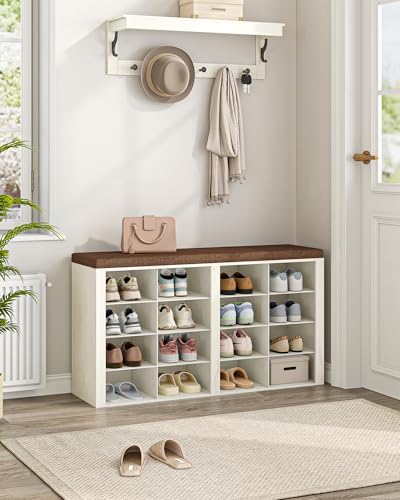 Rustic White Shoe Storage Bench with Cushion - 16 Cubby Entryway Organizer