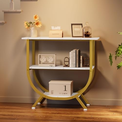 3-Tier Console Table with Storage - Industrial Entryway Sofa Table - Gold & White