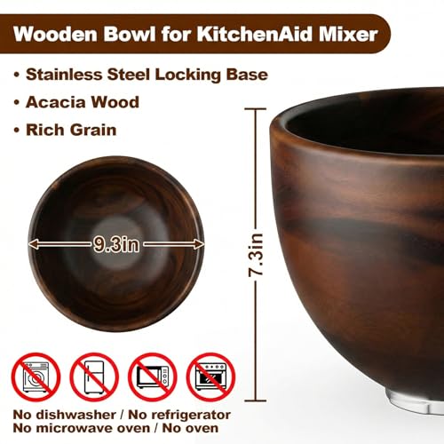 Cofun Premium Acacia Wood Mixing Bowl for KitchenAid 4.5-5 Qt Stand Mixers