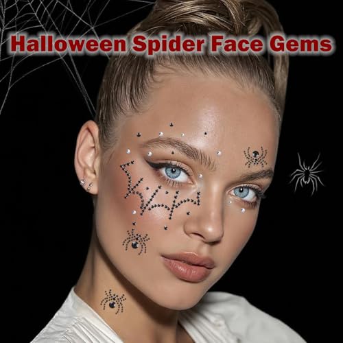 NOOEPC 3D Spider Web Face Gems, Halloween Makeup Face Jewels for Women, Hair Gems Clear Face Rhinestones, Halloween Makeup for Women Face Stickers Spider Costume