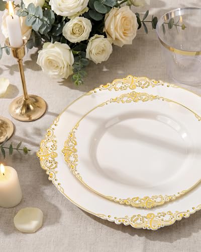 Morejoy Ivory and Gold Plastic Dinnerware Set 350PCS – Elegant Disposable Plates, Cups & Utensils for Events