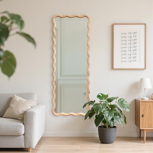 Tunjig 18x48 Inch Solid Wood Full Length Floor Mirror - Natural, Wavy Frame