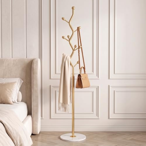 Gold Freestanding Coat Rack with Marble Base & 9 Hooks - Modern Entryway Organizer