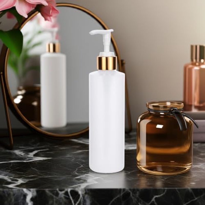 8 oz Clear Natural Refillable Plastic Squeeze Bottle with Gold Lotion Pump Dispenser (6 Pack)
