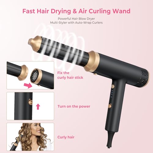 3-in-1 Hair Dryer & Curling Styler with Auto Wrap Airflow - 2000W Ionic Travel Blow Dryer