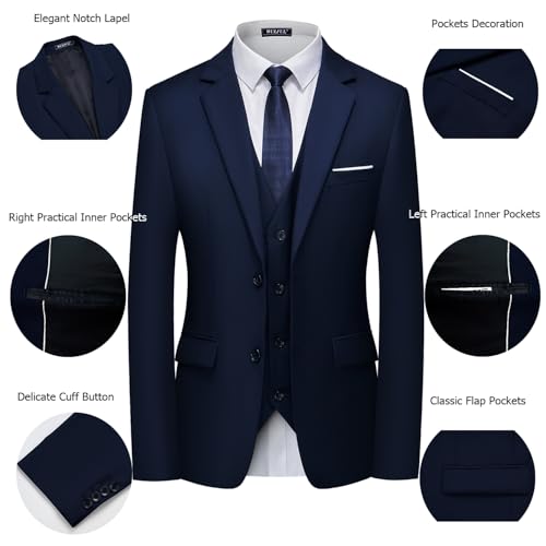 WULFUL Men's Medium Navy Slim Fit 3-Piece Suit Set for Party Wedding Business