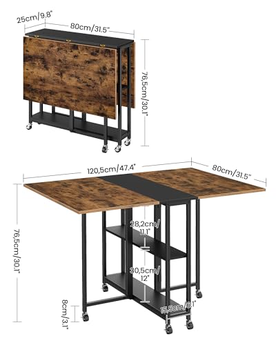 Rustic Brown Folding Dining Table with Wheels & 2-Tier Shelf - Expandable Kitchen & Living Room Furniture