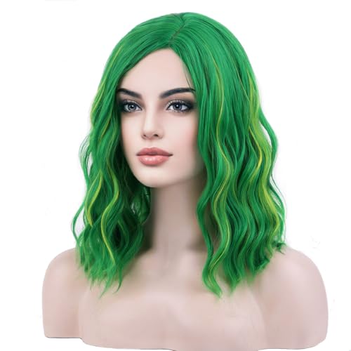 Green Short Curly Wig with Wig Cap - 14 Inch Synthetic Bob Hair for Women