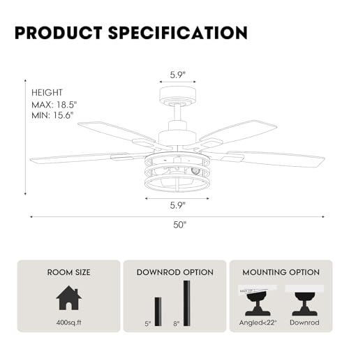 52 Inch Ceiling Fan with Lights and Remote Control - Black Farmhouse Style for Indoor Outdoor