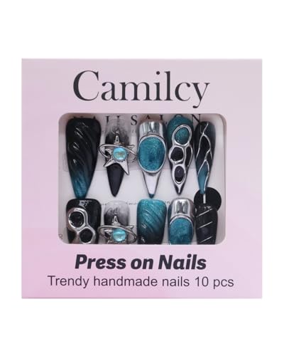 Long Stiletto Fake Nails with Blue Black Chrome & 3D Star Charm - Reusable Gothic Nail Tips (A036, S)