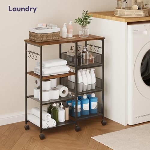 SWTYMIKI Espresso Kitchen Island Cart on Wheels - 4-Tier Rolling Storage with Hooks