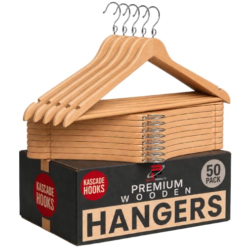 Natural Wooden Space-Saving Clothes Hangers with Cascading Rings - 50 Pack