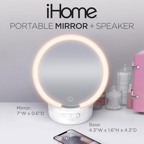 iHome Makeup Mirror with Lights and Bluetooth Speaker, Travel Mirror is Portable and Rechargeable ? White (iCVBT9W.EXv24)