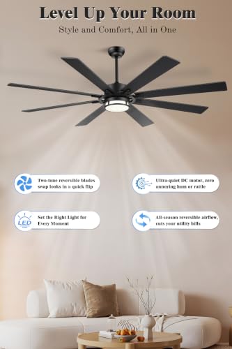 Black 65 Inch Ceiling Fan with Light, 6 Speeds, 3 CCT & Metal Downrod - Large Room Fan