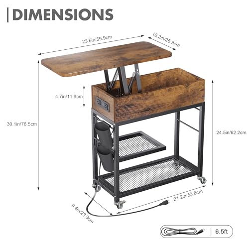 Rustic Brown Lift Top End Table with Charging Station & Wheels