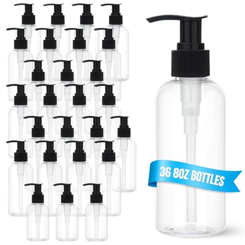 ReGar 36 Pack Empty Pump Bottles 8oz ? Clear Plastic Refillable Containers with Locking Pump Dispenser for Lotion, Shampoo, Soap, Oil, Cream, Conditioner, Travel Size Bulk Toiletry Bottles