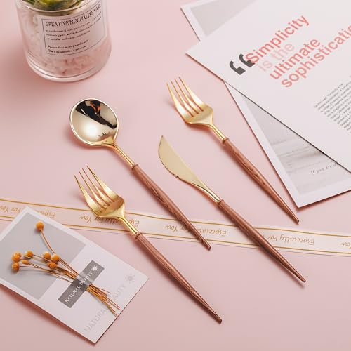 Gold Plastic Cutlery Set with Wooden Grain Handles - 240pcs - Elegant Disposable Utensils