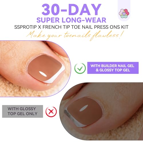 Press On Toenails Kit - Brown French Tips, 216 Pcs, Complete Pedicure Set