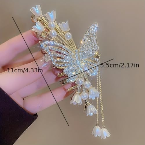 Large Butterfly Hair Claw Clips, Gold Flower Lily of the Valley Violet Hair Claw Clips with Tassel Metal Nonslip Clamps Styling Accessories for Thick Long Hair Women