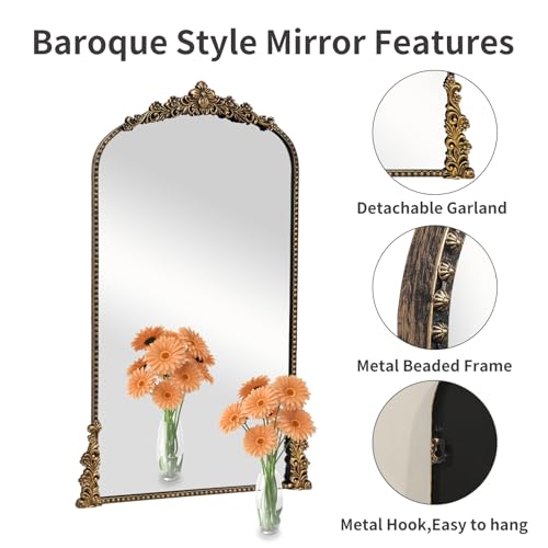 Vintage Arched Wall Mirror 24x42 Antique Baroque Style Beaded Frame