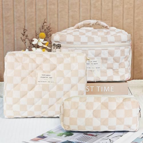 Cozomga 3pcs Brown Checkered Quilted Makeup Bag Set - Travel & Daily Organizers
