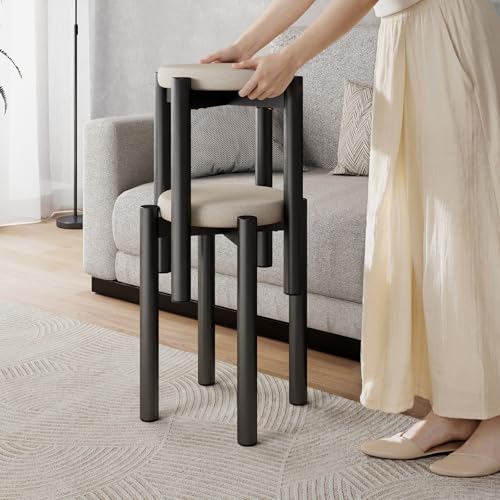 18 Inch Stackable Metal Stool Set of 2 with Cushions - Space-Saving Kitchen & Dining Chairs, Black