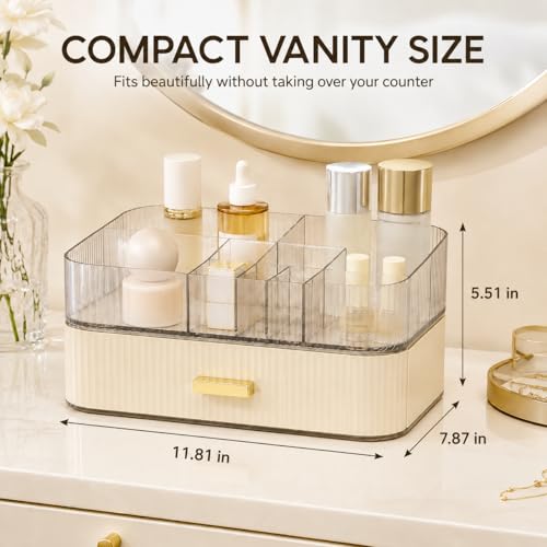 Decorcode Makeup Organizer with 1 Tray & Wide Drawer - Cream White Stackable Vanity Storage