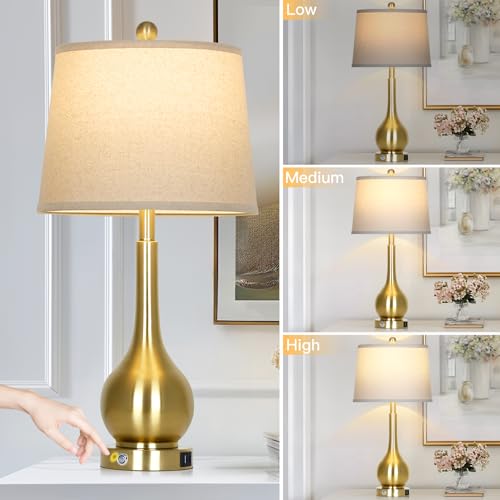 Rinweey 26-inch Gold Set of 2 Touch Control Bedside Lamps with USB Ports - Dimmable Nightstand Lamps for Living Room & Bedroom