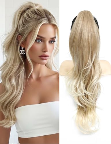 MEGICAEBEAUTY 26 Inch Light Blonde Clip-In Ponytail Hair Extensions Curly & Straight