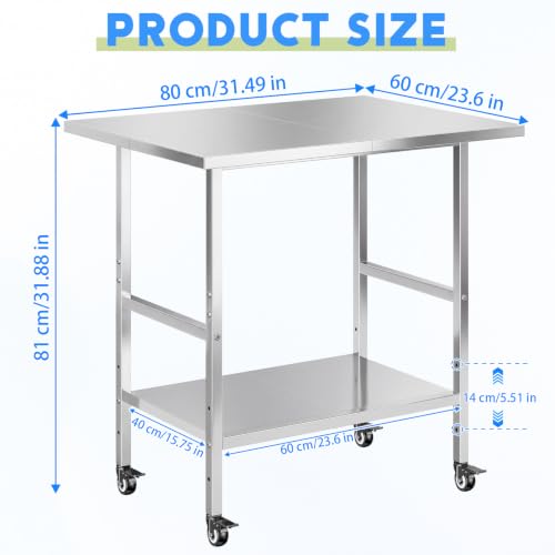 Stainless Steel Mobile Prep Table with Adjustable Shelf & Lockable Casters