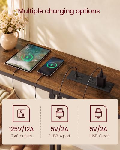 Adjustable Console Table 106.3 Inch with Power Outlet - Rustic Brown + Matte Black Variation