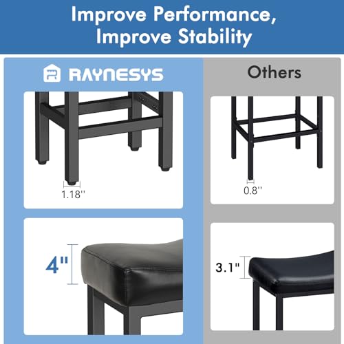 Raynesys 24 Inch Bonded Leather Counter Height Bar Stools Set of 2 - All Black, Ergonomic Saddle Seat