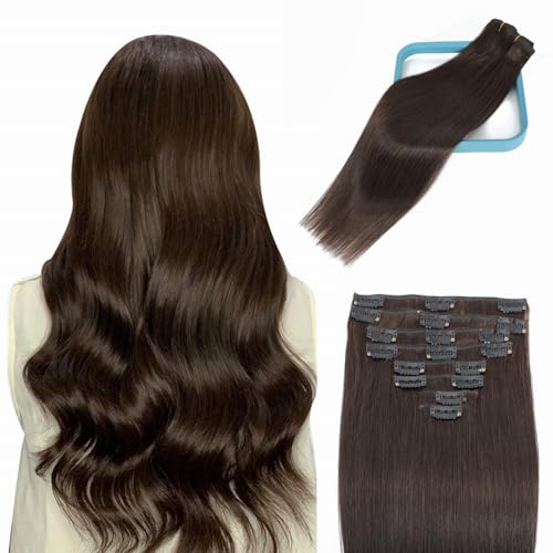 Darkest Brown 14 Inch Clip-In Human Hair Extensions - 8PCS Double Weft, 80g