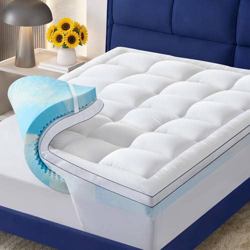 Full Dual Layer Memory Foam Mattress Topper with Cooling Gel & Pillow Top - NicePlus